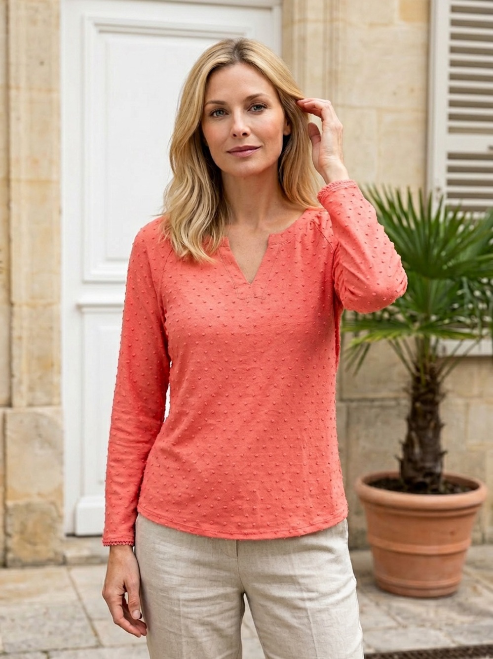 Spense Coral Notch V Textured Long Sleeve Top